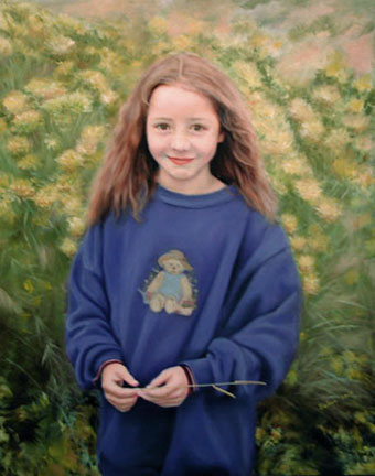 Among the Chamisa, an oil painting of a little girl in a patch of chamisa flowers