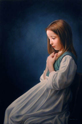 Contemplation, an oil painting by Thomas Baker of a young girl sitting in a chair daydreaming