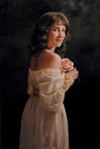 Oil painting of a girl with a rose entitled Flirtation