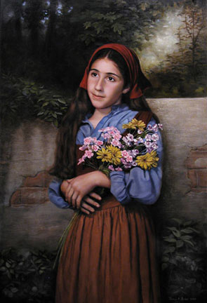 Gifts of the Garden, an oil painting of a little girl in a white Victorian dress and hat